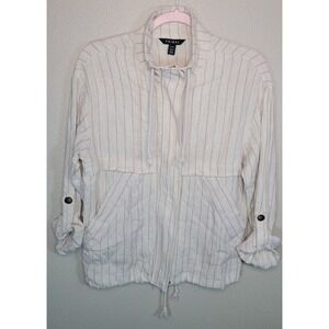 Tribal Linen Blend Striped Utility Jacket Drawstring Hem Zip Front Women's XS...